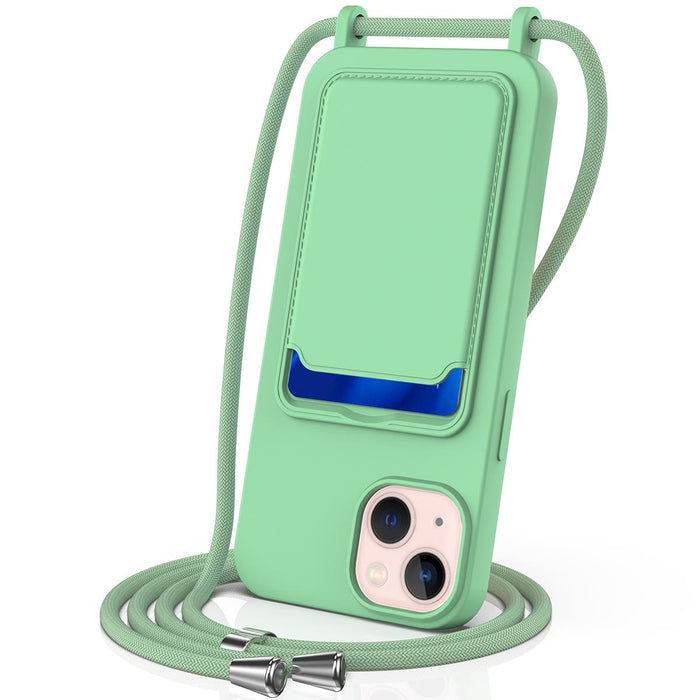 For Iphone 15 Integrated Card Bag Solid Colour Liquid Silicone Phone Case With Lanyard
