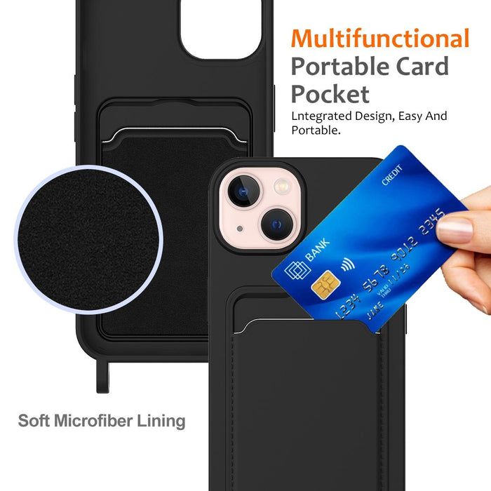 For Iphone 15 Integrated Card Bag Solid Colour Liquid Silicone Phone Case With Lanyard