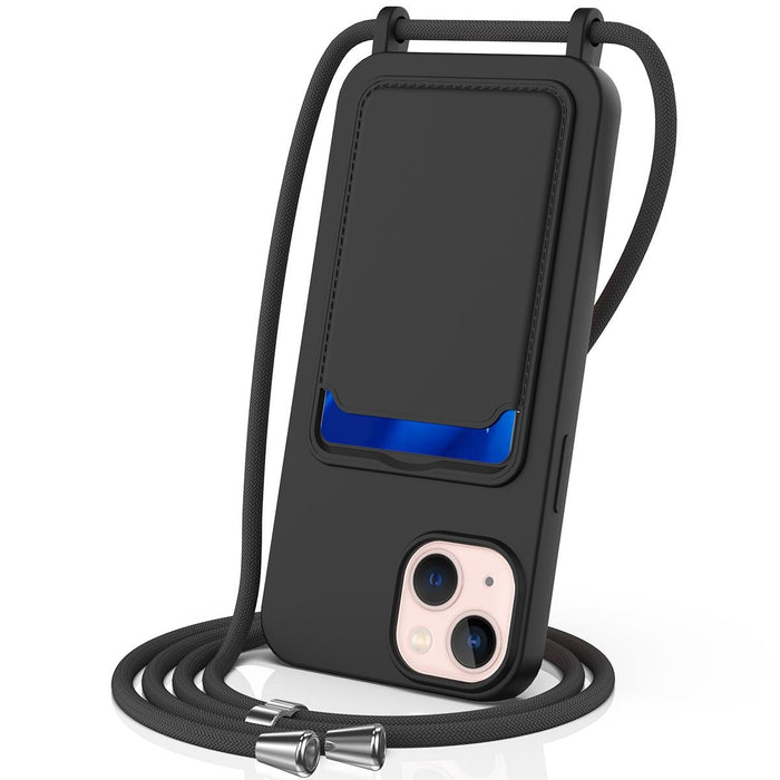 For Iphone 15 Integrated Card Bag Solid Colour Liquid Silicone Phone Case With Lanyard
