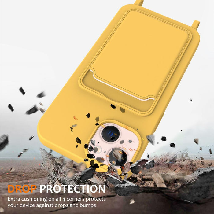 For Iphone 15 Integrated Card Bag Solid Colour Liquid Silicone Phone Case With Lanyard