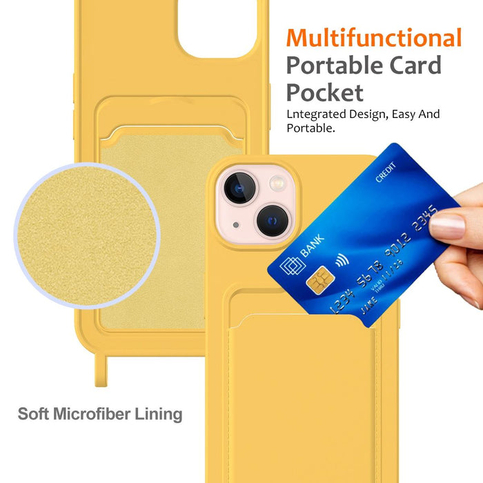 For Iphone 15 Integrated Card Bag Solid Colour Liquid Silicone Phone Case With Lanyard