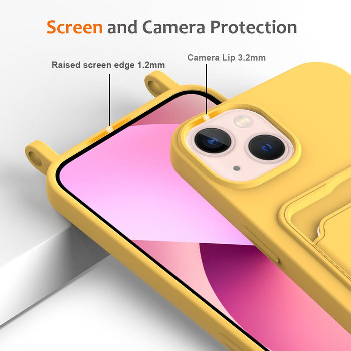 For Iphone 15 Integrated Card Bag Solid Colour Liquid Silicone Phone Case With Lanyard