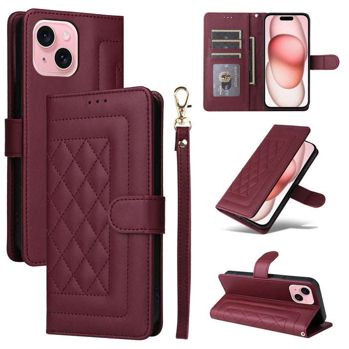 For Iphone 15 Diamond Lattice Leather Flip Phone Case