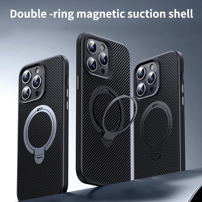 For Iphone 15 Double Ring Magsafe Holder Carbon Fibre Phone Case