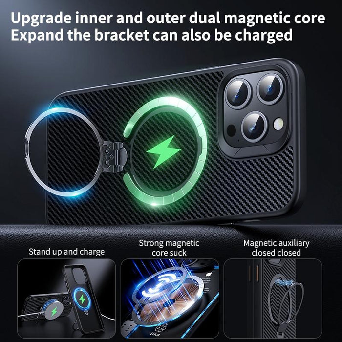 For Iphone 15 Double Ring Magsafe Holder Carbon Fibre Phone Case