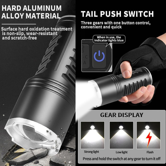 30W High Power Telescopic Zoom Flashlight 1600Lm Black