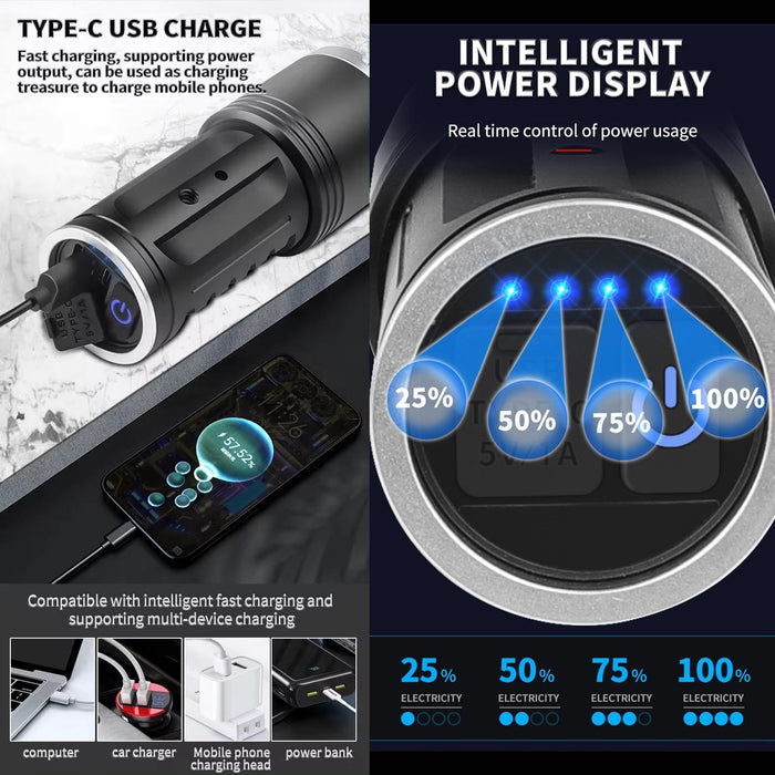 30W High Power Telescopic Zoom Flashlight 1600Lm Black