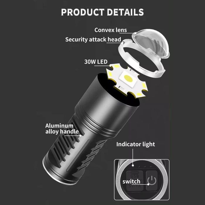 30W High Power Telescopic Zoom Flashlight 1600Lm Black