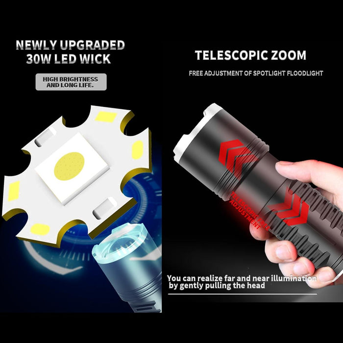30W High Power Telescopic Zoom Flashlight 1600Lm Black