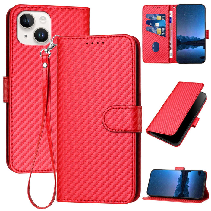 For Iphone 15 Carbon Fiber Buckle Leather Phone Case With Lanyard