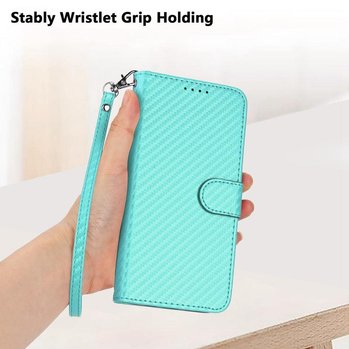 For Iphone 15 Carbon Fiber Buckle Leather Phone Case With Lanyard