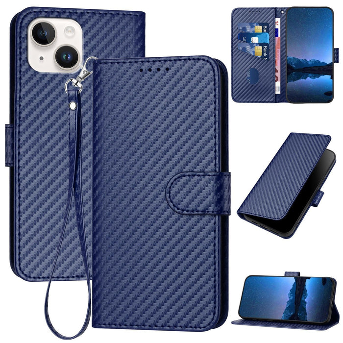 For Iphone 15 Carbon Fiber Buckle Leather Phone Case With Lanyard