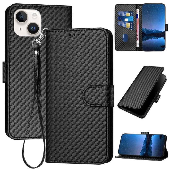 For Iphone 15 Carbon Fiber Buckle Leather Phone Case With Lanyard