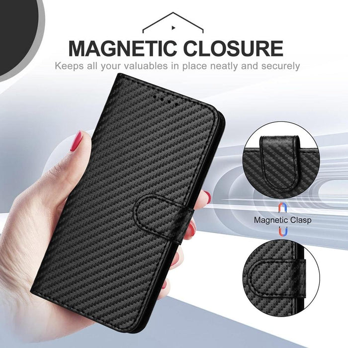 For Iphone 15 Carbon Fiber Buckle Leather Phone Case With Lanyard