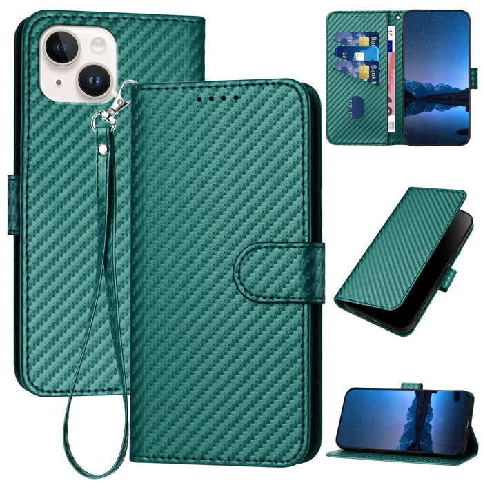 For Iphone 15 Carbon Fiber Buckle Leather Phone Case With Lanyard