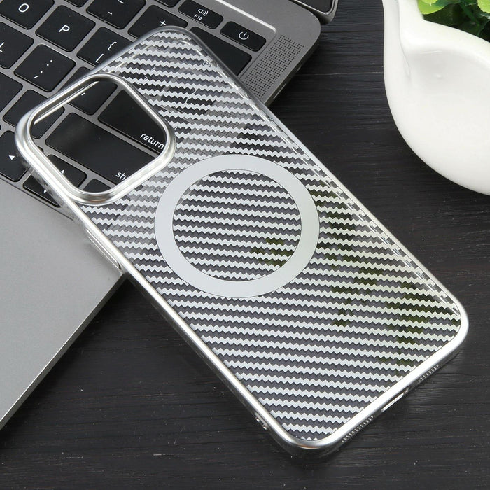 For Iphone 15 6D Plated Carbon Fiber Clear Magsafe Pc Phone Case