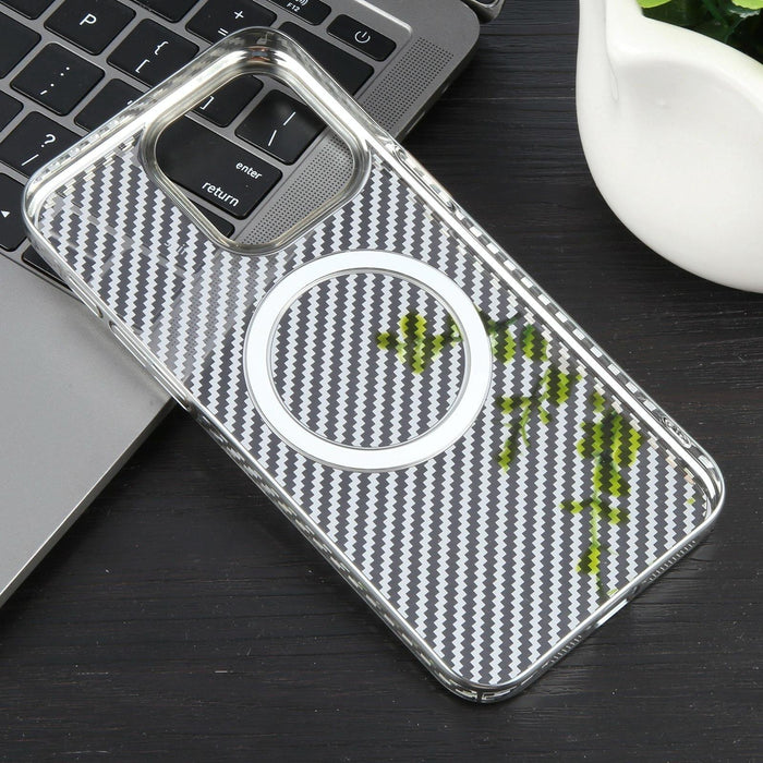 For Iphone 15 6D Plated Carbon Fiber Clear Magsafe Pc Phone Case