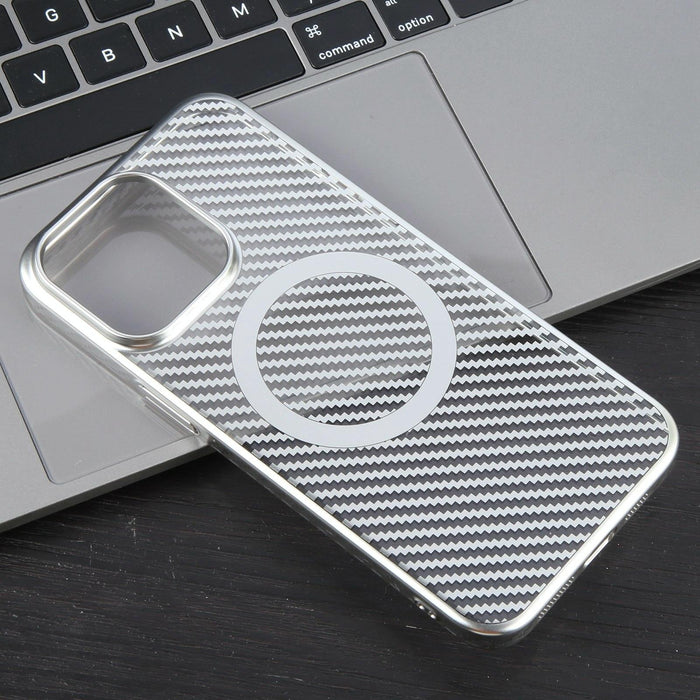 For Iphone 15 6D Plated Carbon Fiber Clear Magsafe Pc Phone Case