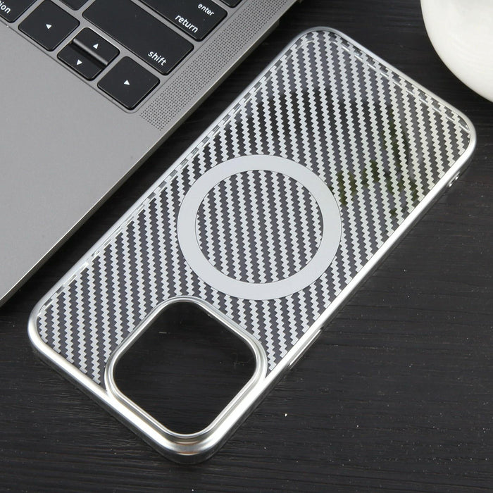 For Iphone 15 6D Plated Carbon Fiber Clear Magsafe Pc Phone Case