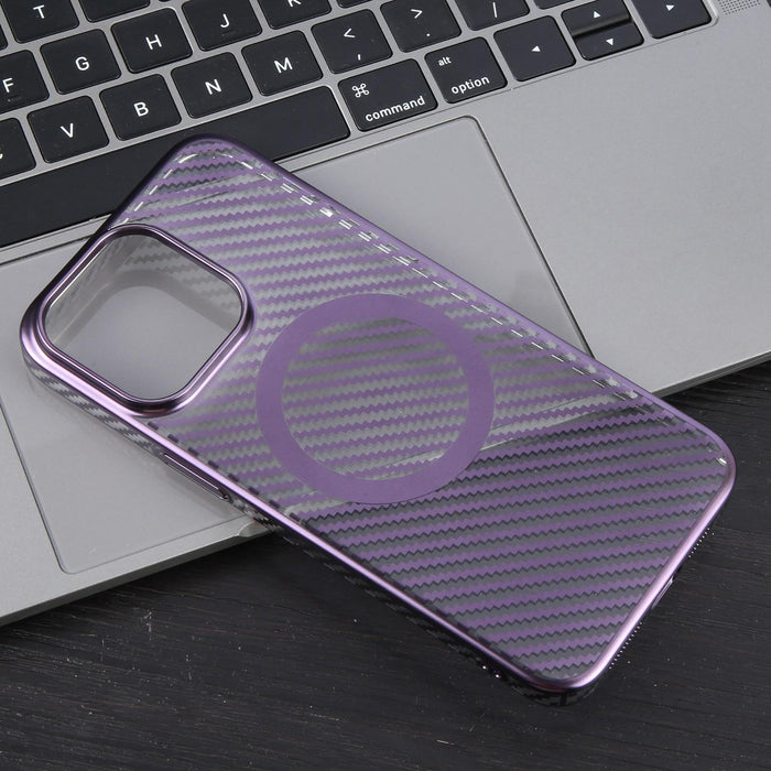 For Iphone 15 6D Plated Carbon Fiber Clear Magsafe Pc Phone Case