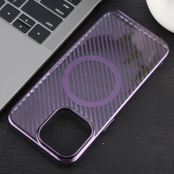 For Iphone 15 6D Plated Carbon Fiber Clear Magsafe Pc Phone Case