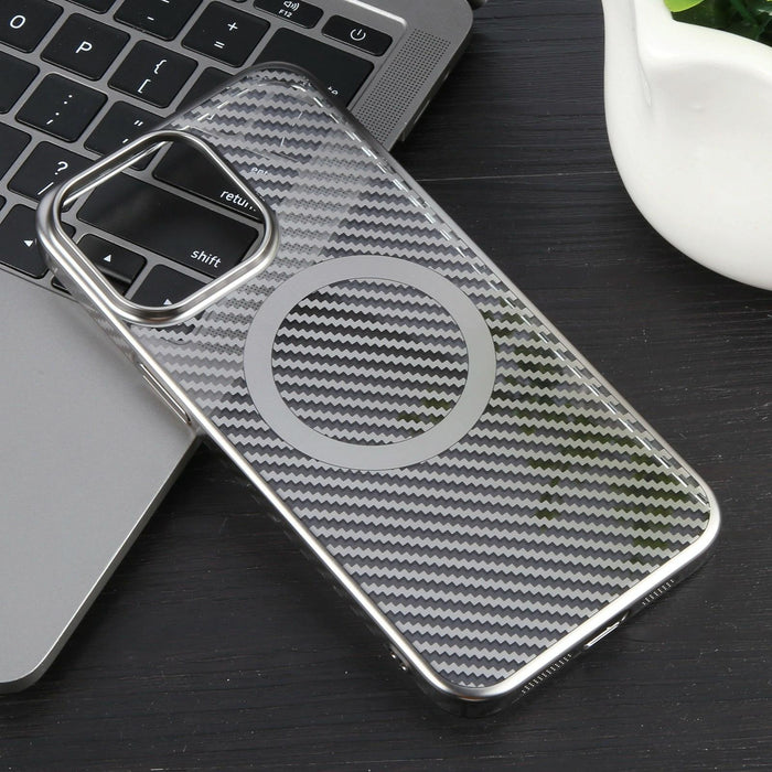 For Iphone 15 6D Plated Carbon Fiber Clear Magsafe Pc Phone Case
