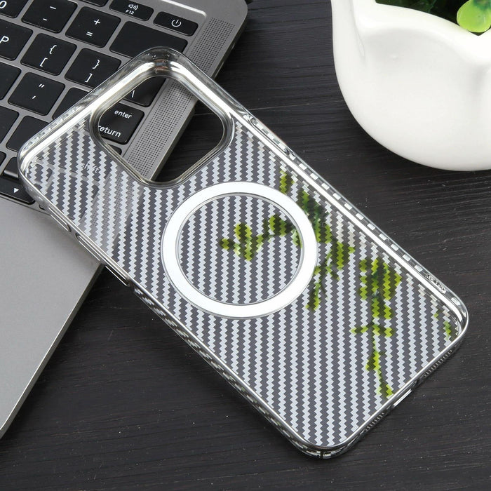 For Iphone 15 6D Plated Carbon Fiber Clear Magsafe Pc Phone Case