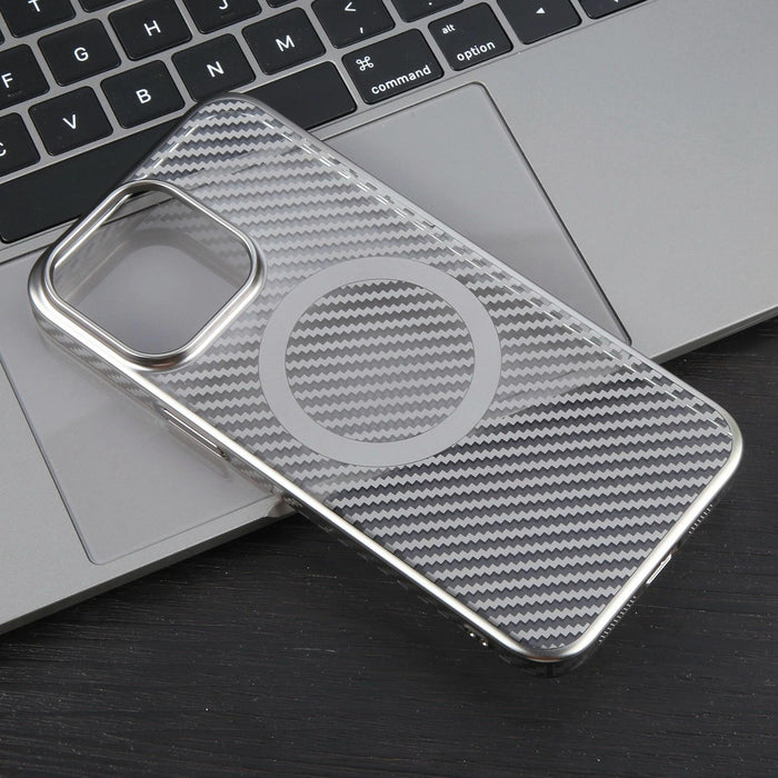 For Iphone 15 6D Plated Carbon Fiber Clear Magsafe Pc Phone Case