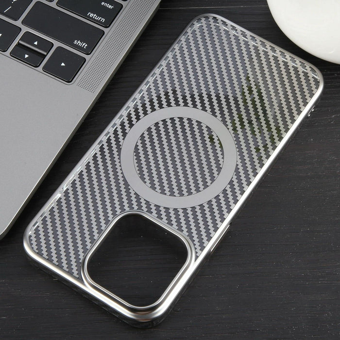 For Iphone 15 6D Plated Carbon Fiber Clear Magsafe Pc Phone Case