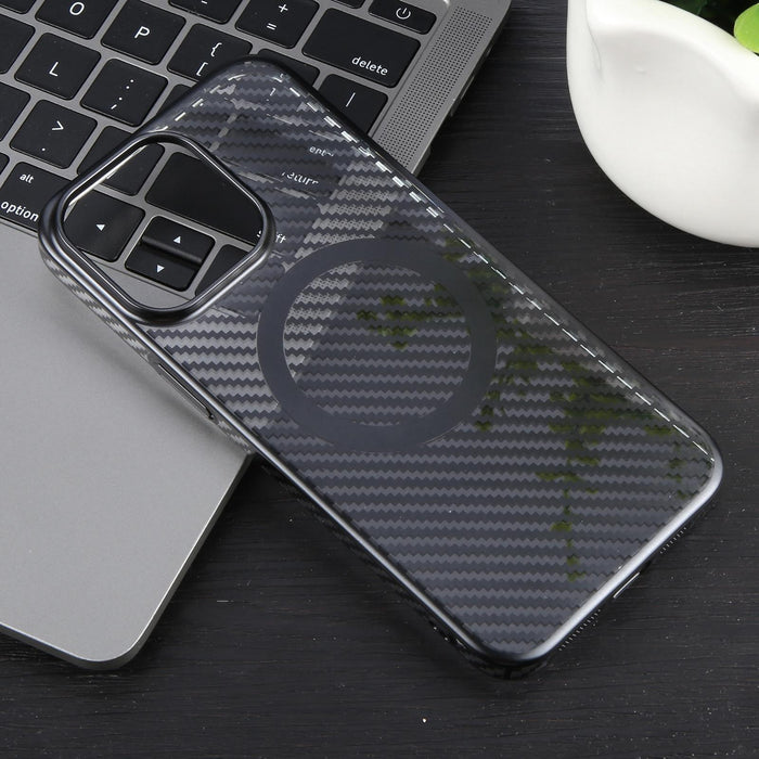 For Iphone 15 6D Plated Carbon Fiber Clear Magsafe Pc Phone Case