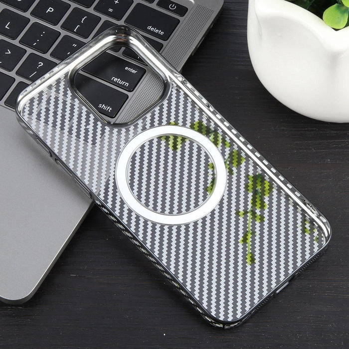 For Iphone 15 6D Plated Carbon Fiber Clear Magsafe Pc Phone Case