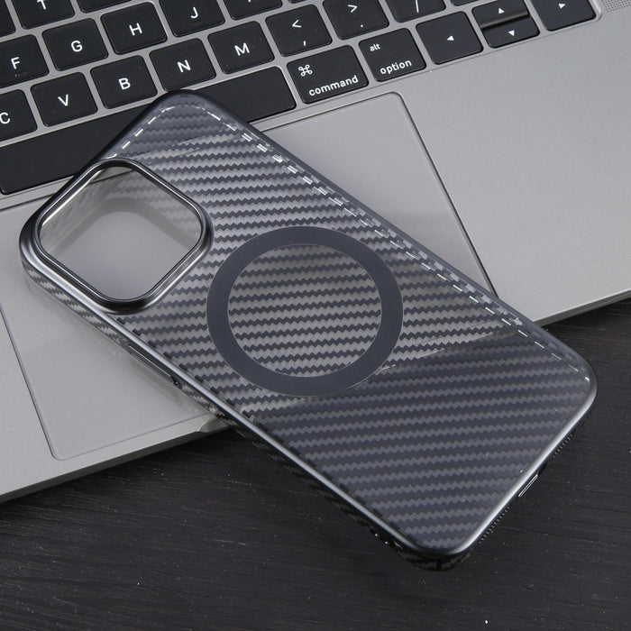 For Iphone 15 6D Plated Carbon Fiber Clear Magsafe Pc Phone Case