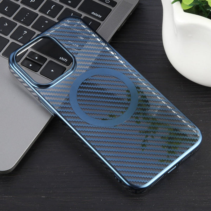 For Iphone 15 6D Plated Carbon Fiber Clear Magsafe Pc Phone Case