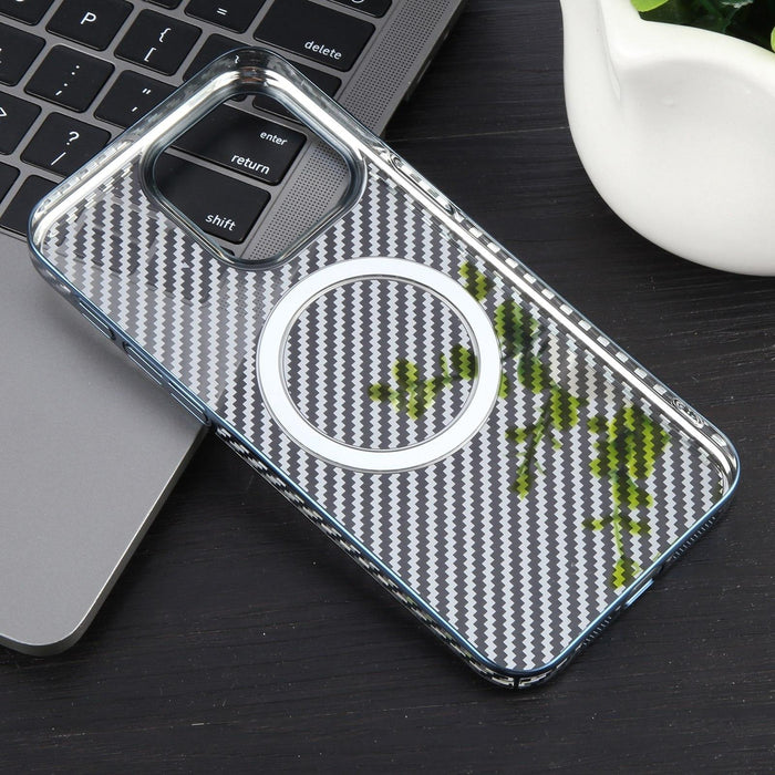 For Iphone 15 6D Plated Carbon Fiber Clear Magsafe Pc Phone Case