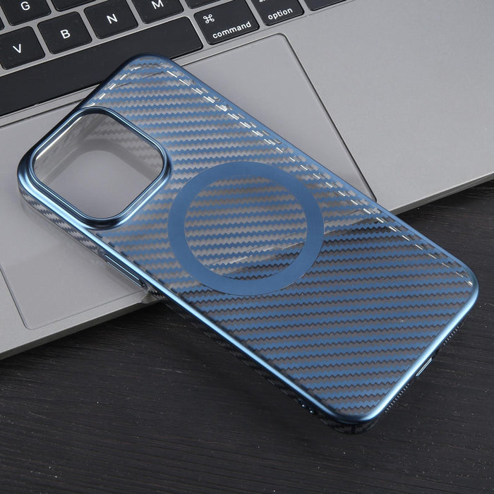 For Iphone 15 6D Plated Carbon Fiber Clear Magsafe Pc Phone Case