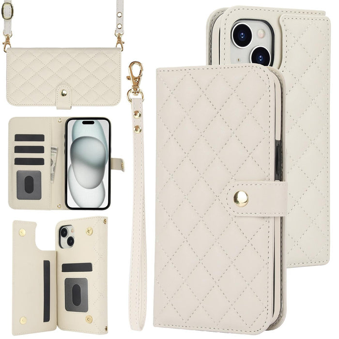 For Iphone 15 Crossbody Multifunction Rhombic Leather Phone Case