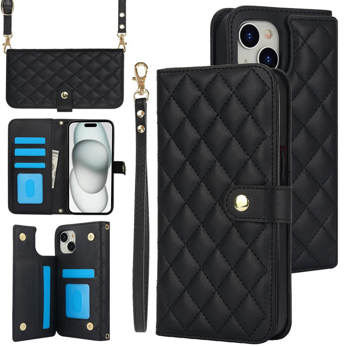 For Iphone 15 Crossbody Multifunction Rhombic Leather Phone Case