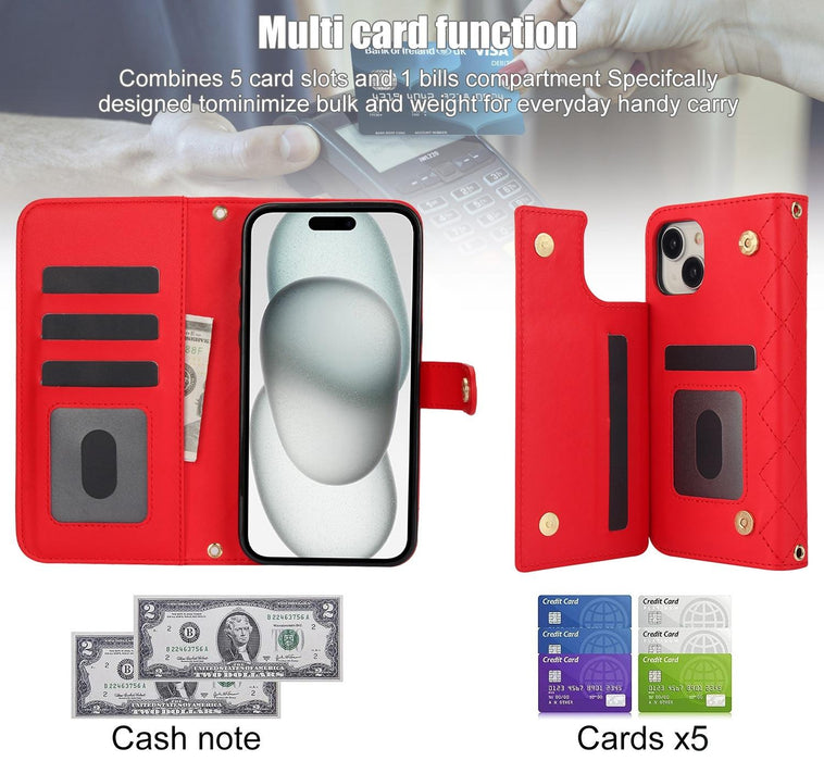 For Iphone 15 Crossbody Multifunction Rhombic Leather Phone Case