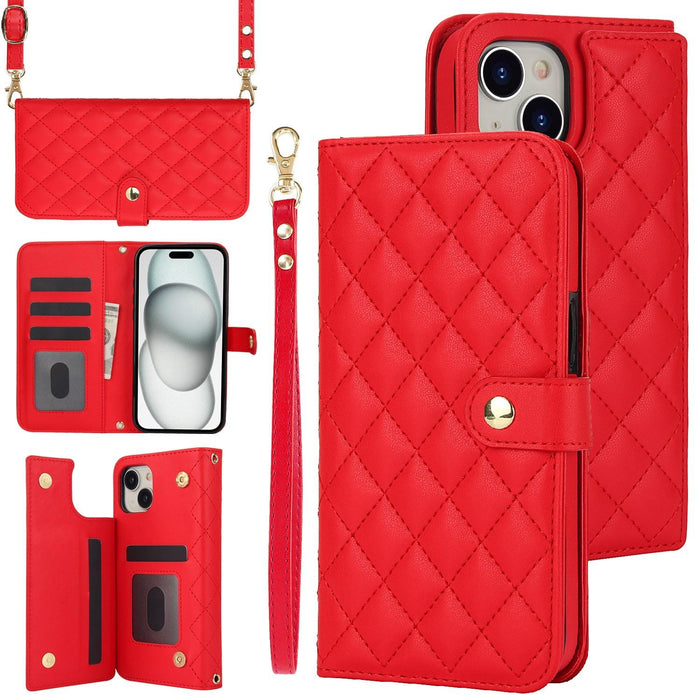 For Iphone 15 Crossbody Multifunction Rhombic Leather Phone Case