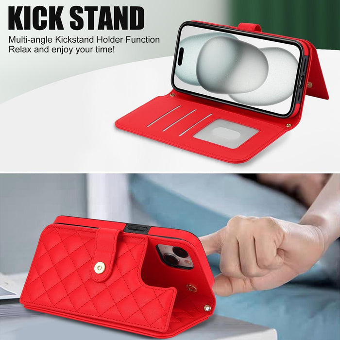 For Iphone 15 Crossbody Multifunction Rhombic Leather Phone Case