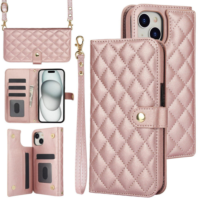 For Iphone 15 Crossbody Multifunction Rhombic Leather Phone Case
