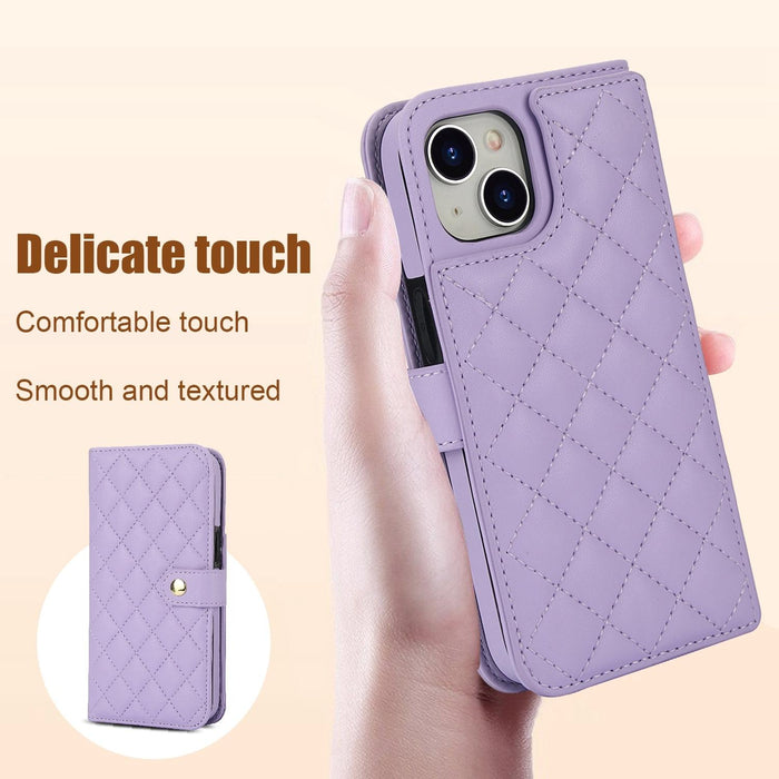 For Iphone 15 Crossbody Multifunction Rhombic Leather Phone Case