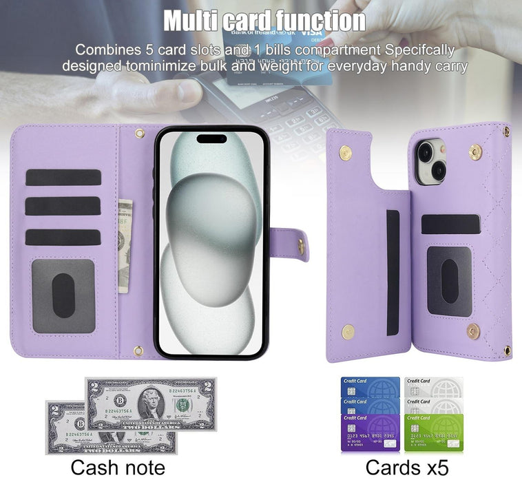 For Iphone 15 Crossbody Multifunction Rhombic Leather Phone Case