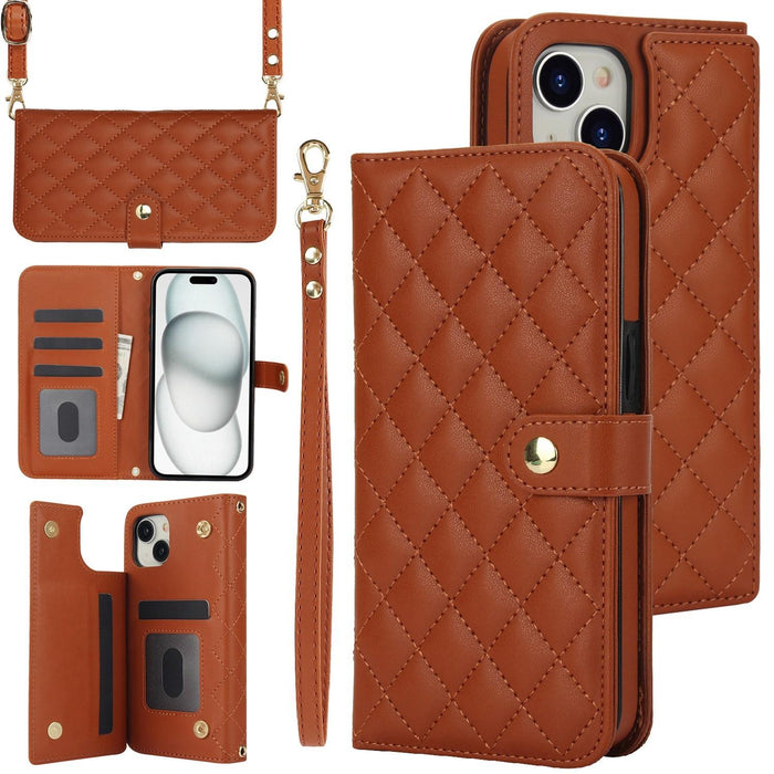 For Iphone 15 Crossbody Multifunction Rhombic Leather Phone Case