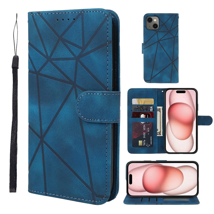 For Iphone 15 Skin Feel Geometric Lines Leather Phone Case
