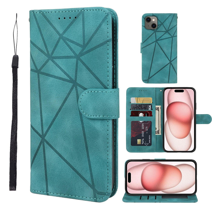 For Iphone 15 Skin Feel Geometric Lines Leather Phone Case