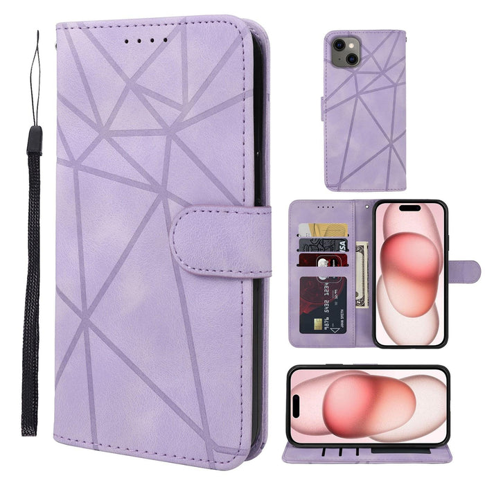 For Iphone 15 Skin Feel Geometric Lines Leather Phone Case