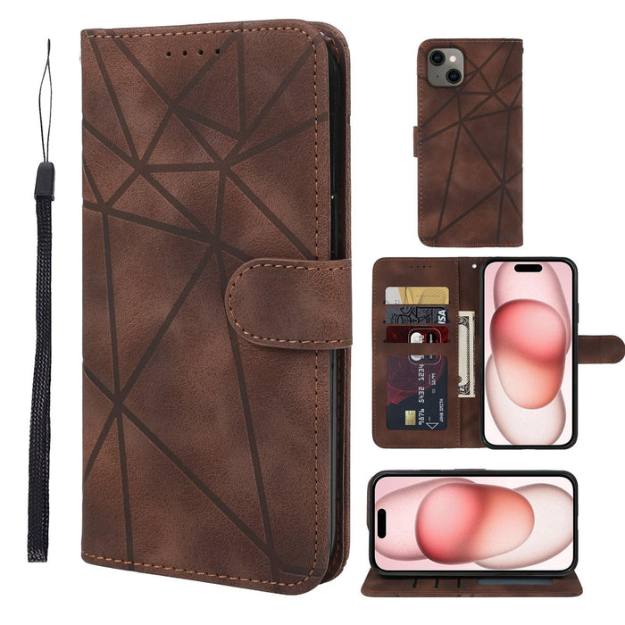 For Iphone 15 Skin Feel Geometric Lines Leather Phone Case