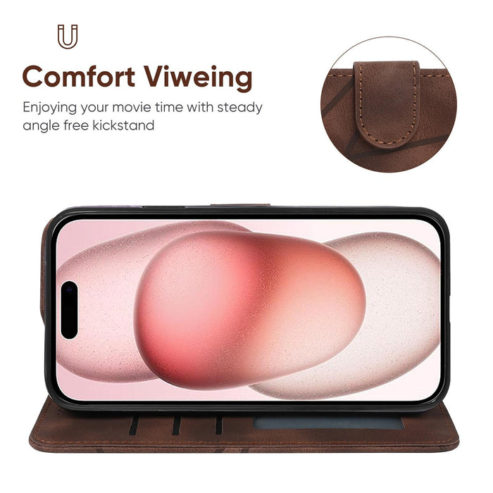 For Iphone 15 Skin Feel Geometric Lines Leather Phone Case