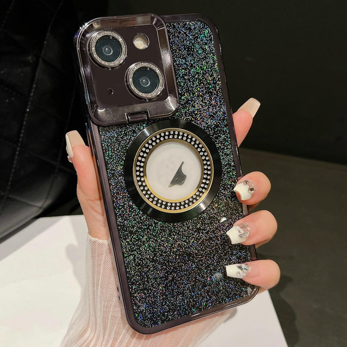 For Iphone 15 Starry Glitter Magsafe Lens Holder Phone Case